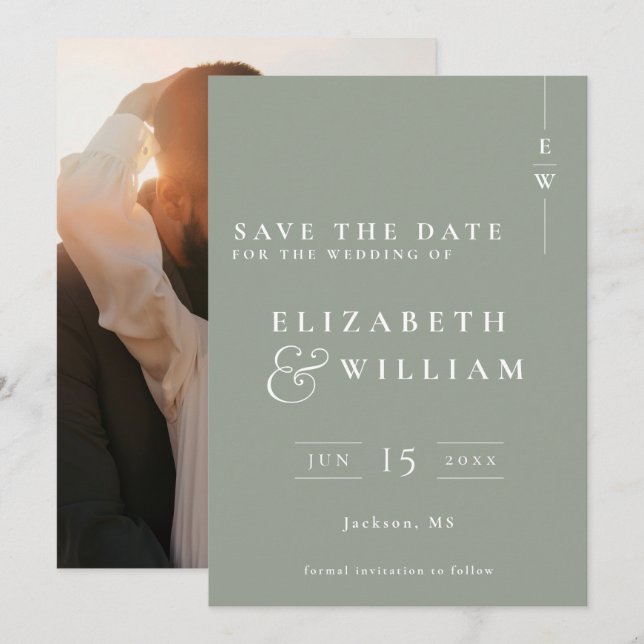 Sage Green Modern Monogram Foto Wedding Save The Date (Vorne/Hinten)