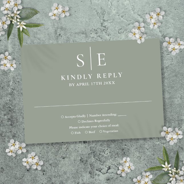 Sage Green Modern Monogram Wedding RSVP Karte (Sage Green Modern Monogram Wedding RSVP Card)