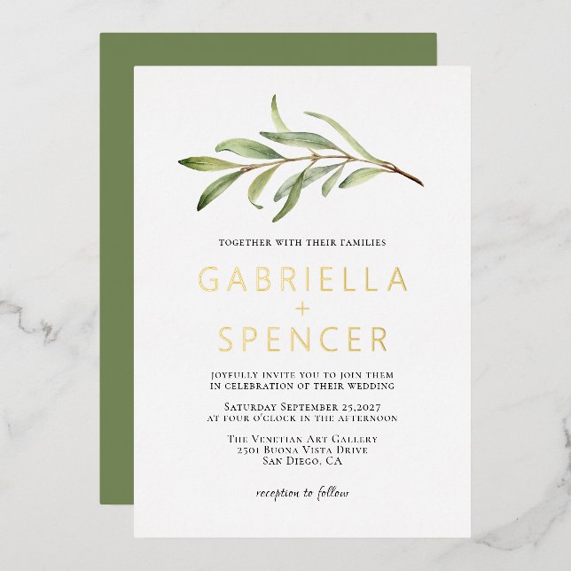 Sage Green Modern Olive Branch Hochzeit Gold Folieneinladung (Vorderseite/Rückseite)
