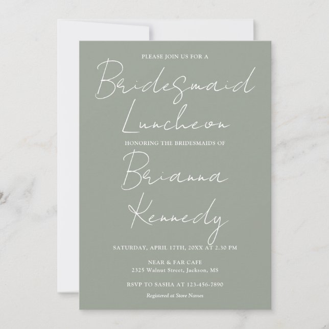 Sage Green Modern Script Bridesmaids Luncheon Einladung (Vorderseite)