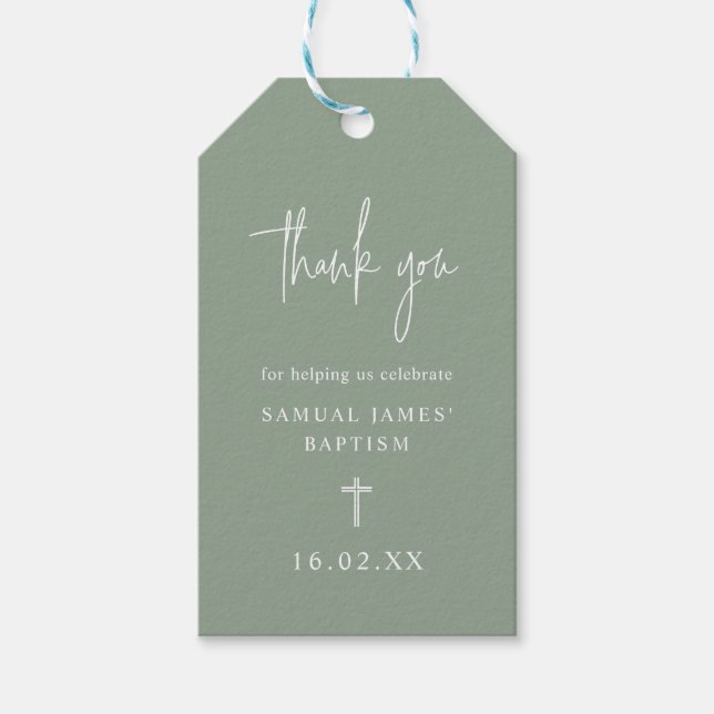 Sage Green Modern Script Minimalistische Taufe Gef Geschenkanhänger (Vorderseite)