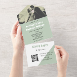 Sage Green Modern Simple QR Code Fett Foto All In One Einladung