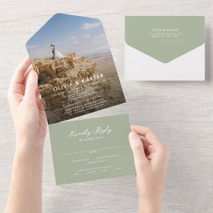 Sage Green Modern Simple Romantic Foto Wedding All In One Einladung