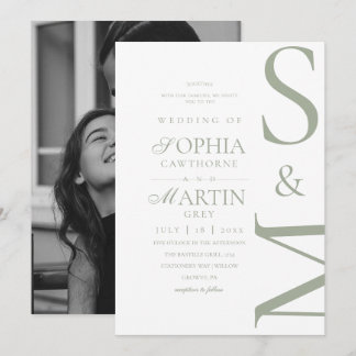 Sage Green Modern Wedding Photo Invitation