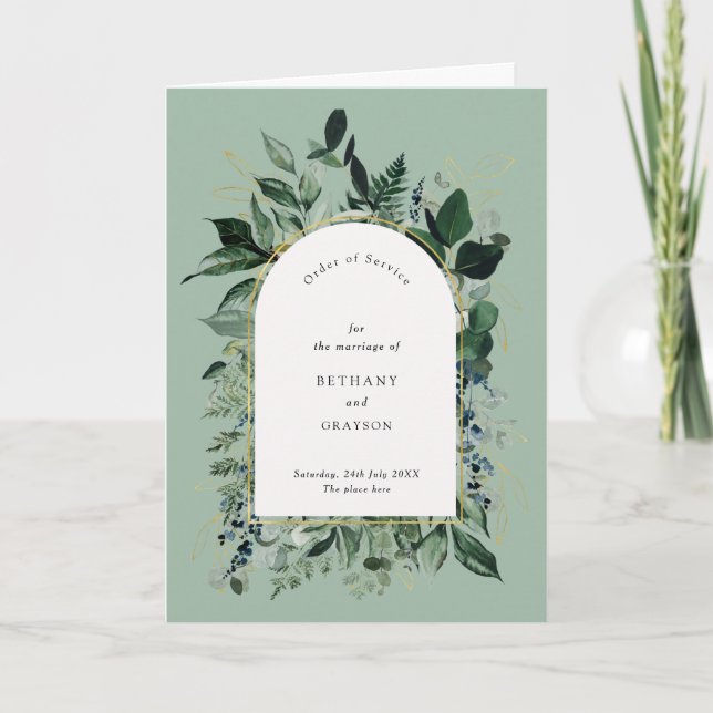 Sage Green Moderne botanische Hochzeit Programm (Vorderseite)
