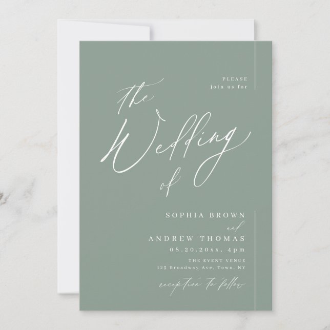 Sage Green moderne Drehbuch minimalistische Hochze Einladung (Vorderseite)