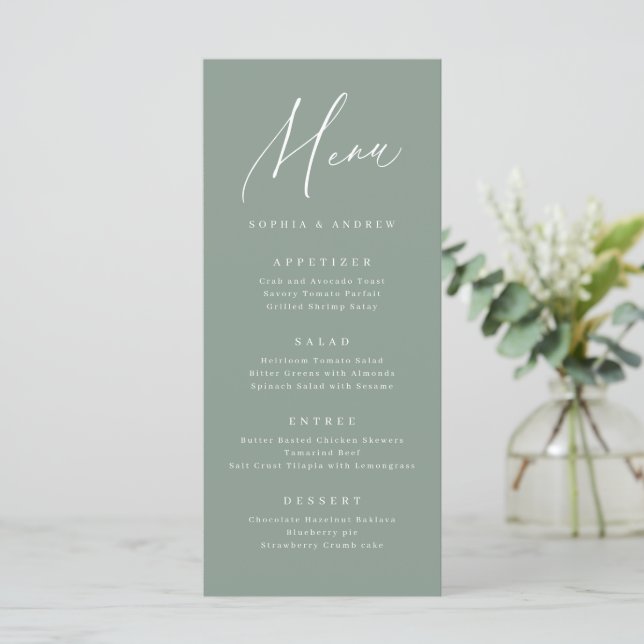 Sage Green moderne Drehbuch minimalistische Hochze Menükarte (Stehend Vorderseite)