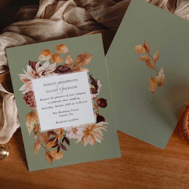 Sage Green Moderne Herbstelegung Herbst Einladung (Sage Green, Modern fall wedding invitations. Autumn elegance watercolor florals.)