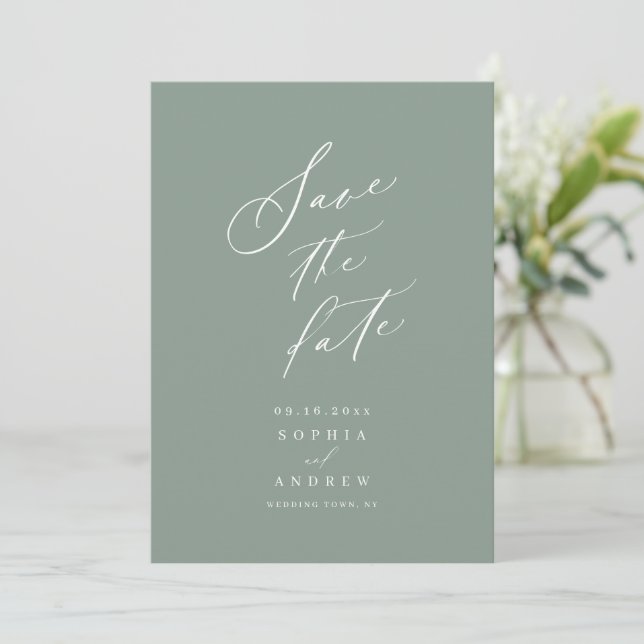 Sage Green moderne Schrift minimalistisch Save the Date (Stehend Vorderseite)