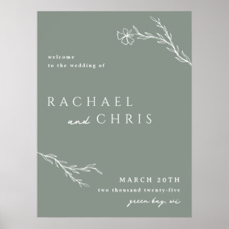 Sage Green Moderne Stenciled Floral Affiche de bie