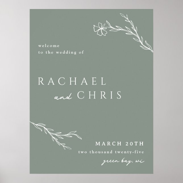 Sage Green Moderne Stenciled Floral Affiche de bie (Devant)