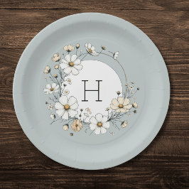 Sage Green Monogram Boho Blume Personalisiert Pappteller
