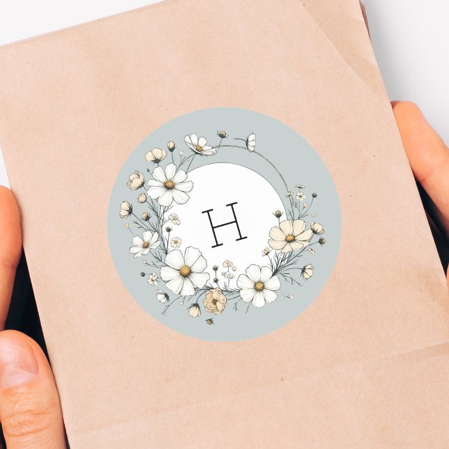 Sage Green Monogram Boho Blume Personalisiert Runder Aufkleber (Von Creator hochgeladen)