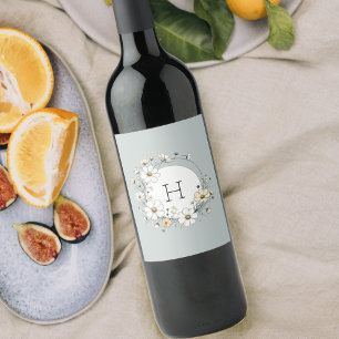 Sage Green Monogram Boho Blume Personalisiert Weinetikett