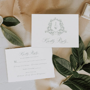 Sage Green Monogram Floral Wappen Wedding RSVP Karte