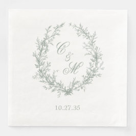 Sage Green Monogram Floral Wreath Wedding Serviette