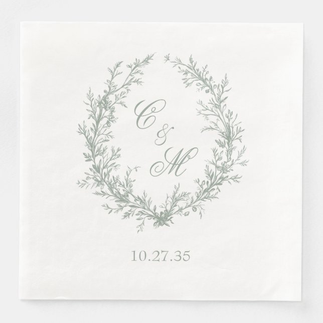Sage Green Monogram Floral Wreath Wedding Serviette (Vorderseite)
