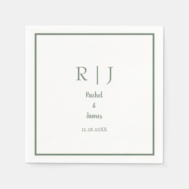 Sage Green Monogram Name Minimal Elegante Hochzeit Serviette (Vorderseite)
