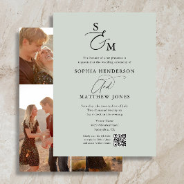 Sage Green Monogram QR Code Foto Hochzeit Einladung