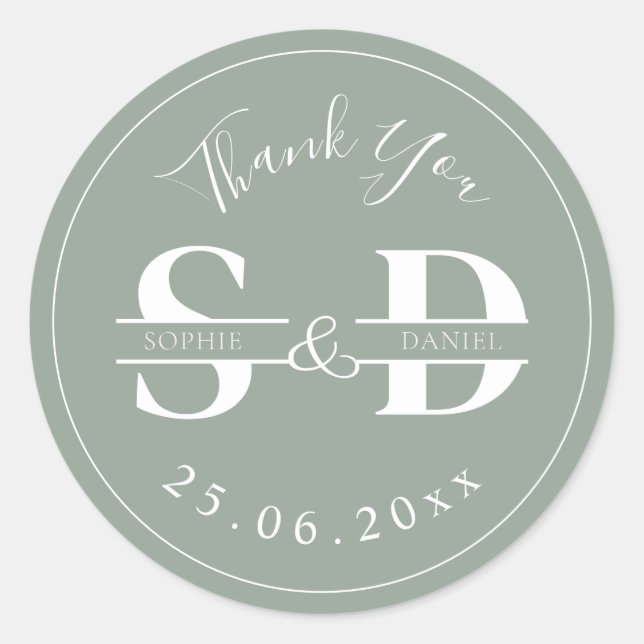 Sage Green Monogram Vielen Dank Gastgeschenke Hoch Runder Aufkleber (Vorderseite)
