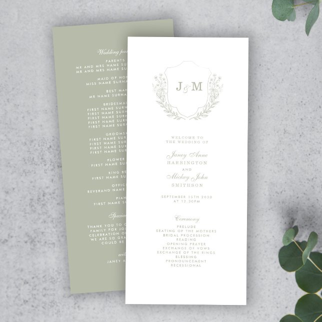 Sage Green Monogram Wappen Wedding Program (Von Creator hochgeladen)