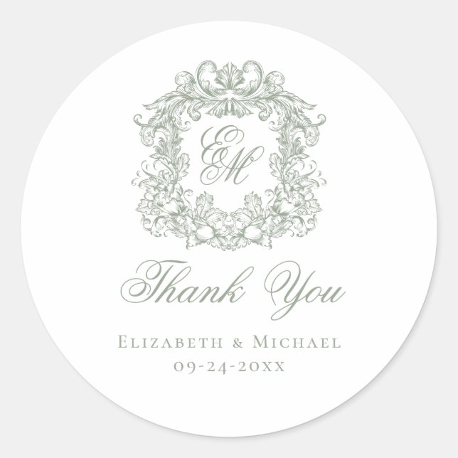 Sage Green Monogram Wedding Crest Thank You Runder Aufkleber (Vorderseite)