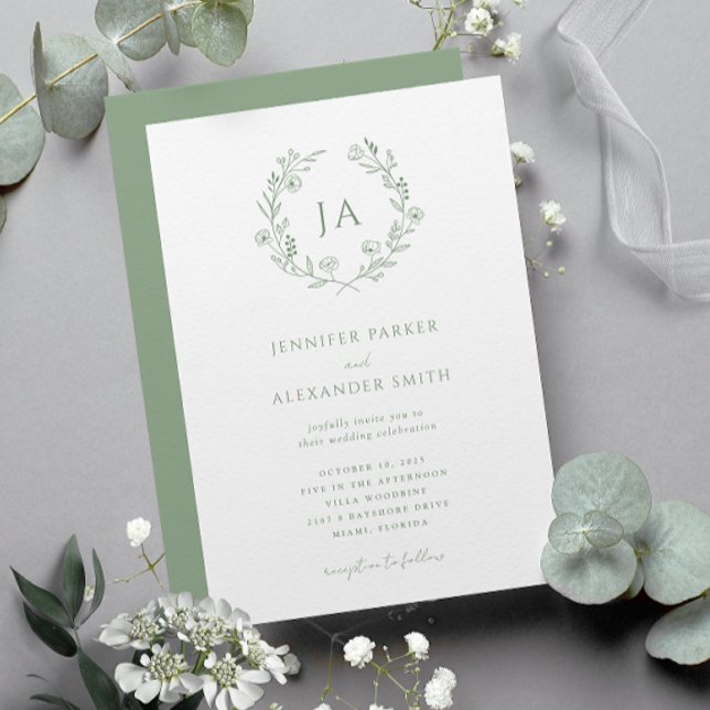 Sage Green Monogram Wedding Einladung (Von Creator hochgeladen)