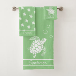 Sage Green Monogram White Sea Turtle Nautic Badhandtuch Set