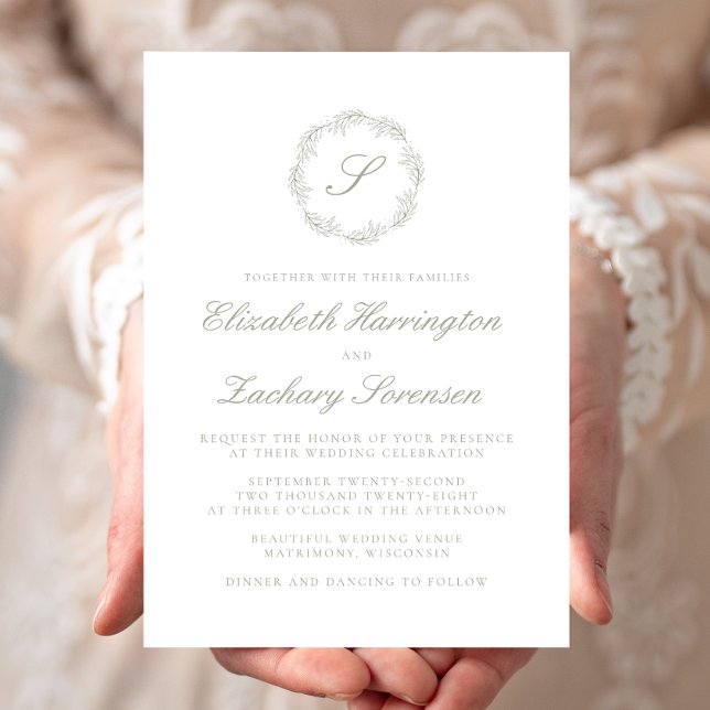 Sage Green Monogramme Wreath Script Invitation (Créateur téléchargé)