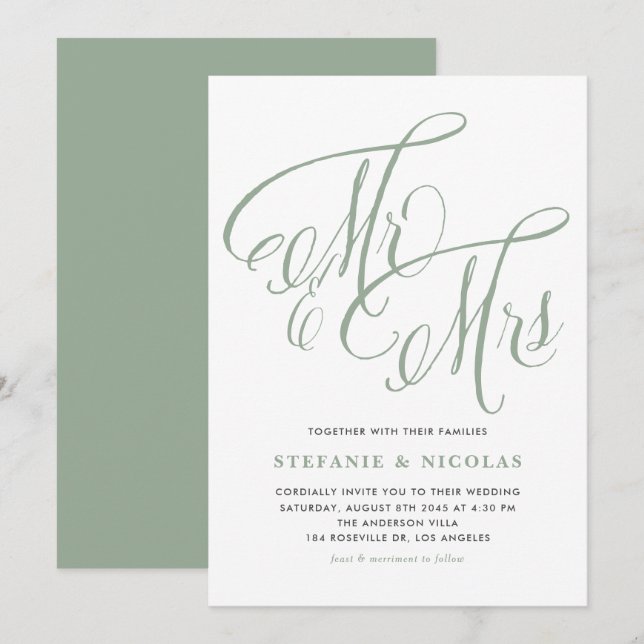 Sage Green Mrs. und Mrs. Rustic Script Wedding Einladung (Vorne/Hinten)