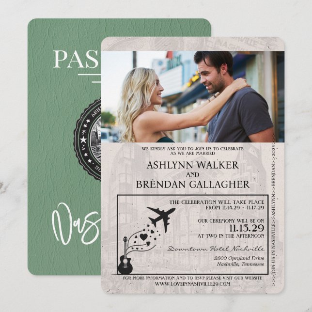 Sage Green Nashville Passport Wedding Einladung (Vorne/Hinten)