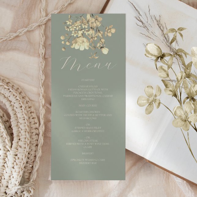 Sage Green Neutral Floral Wedding Menükarte (Von Creator hochgeladen)