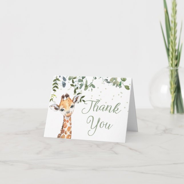 Sage Green Neutral Giraffe Safari Baby Dusche Dankeskarte (Vorderseite)