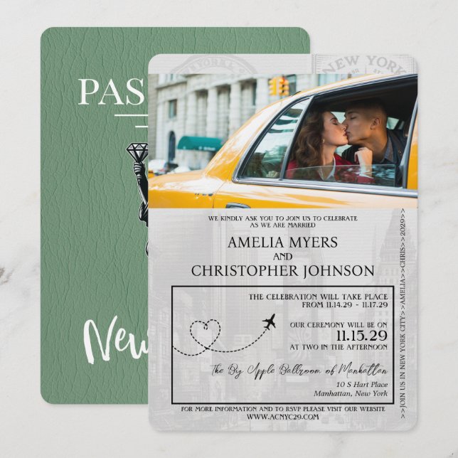 Sage Green New York City Passport Hochzeit Einladung (Vorne/Hinten)