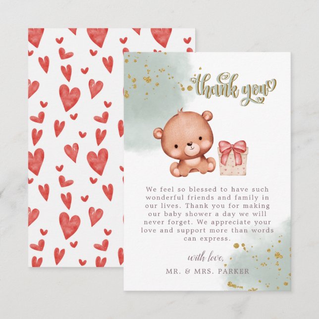 Sage Green Niedlich Bear Watercolor Herzendusche Dankeskarte (Vorne/Hinten)