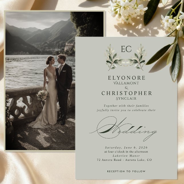 Sage Green Olive Branch Monogram Photo Wedding Einladung (Von Creator hochgeladen)