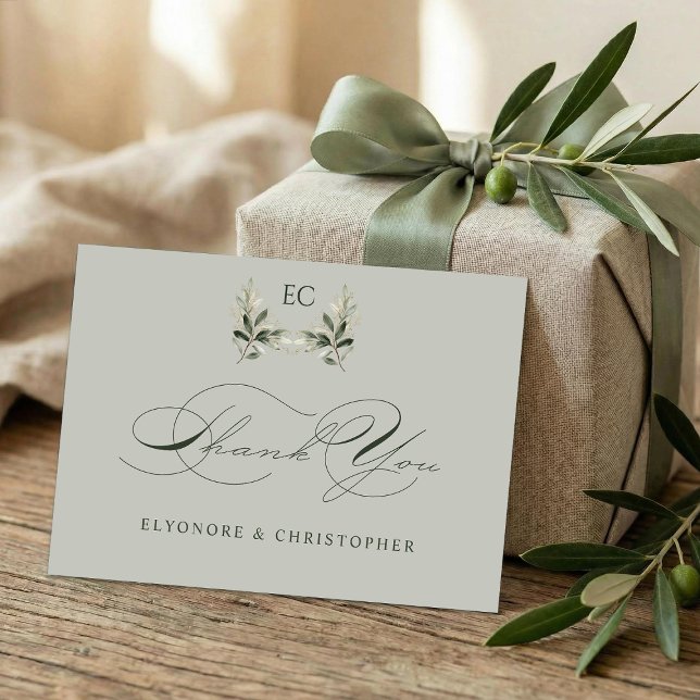 Sage Green Olive Branch Monogram Wedding Dankeskarte (Von Creator hochgeladen)