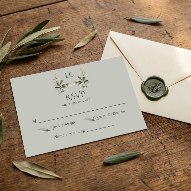 Sage Green Olive Branch Monogram Wedding RSVP Karte (Von Creator hochgeladen)