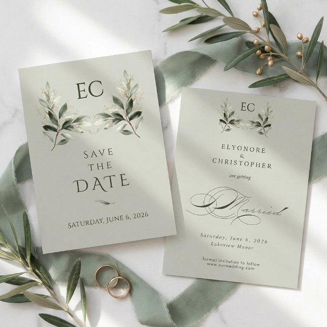 Sage Green Olive Branch Monogram Wedding Save The Date (Von Creator hochgeladen)