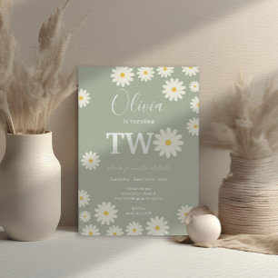 Sage Green Olive Daisy Floral 2. Geburtstag Party Einladung
