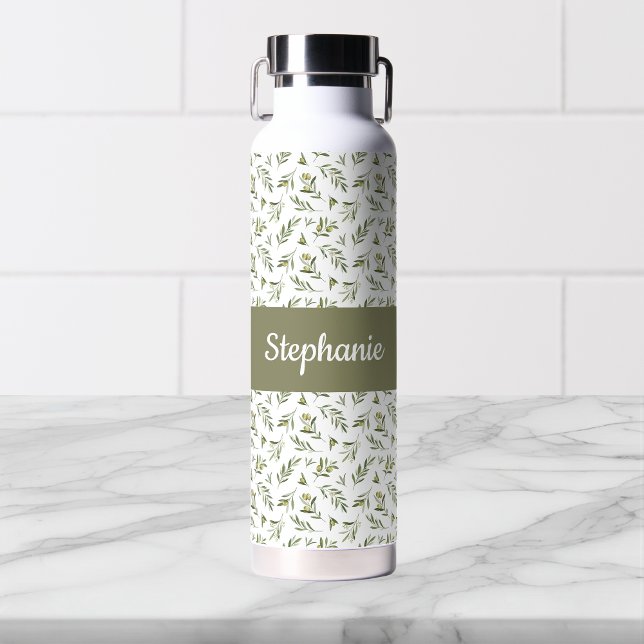 Sage Green Olives Watercolor Monogram Name Trinkflasche (Von Creator hochgeladen)