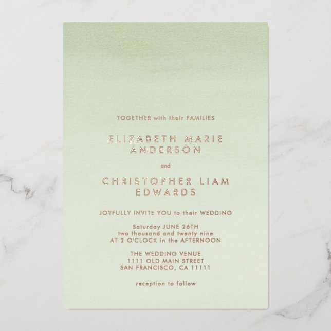 Sage Green Ombre Wasserfarbe Rose Gold Hochzeit Folieneinladung (Vorderseite)
