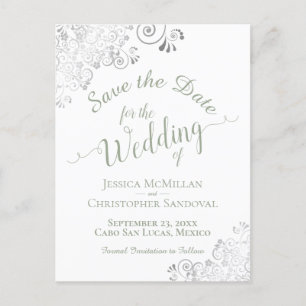Sage Green on White Lacy Wedding Save the Date Ankündigungspostkarte