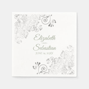 Sage Green on White Silver Frills Elegante Wedding Serviette