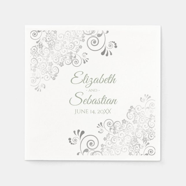 Sage Green on White Silver Frills Elegante Wedding Serviette (Vorderseite)