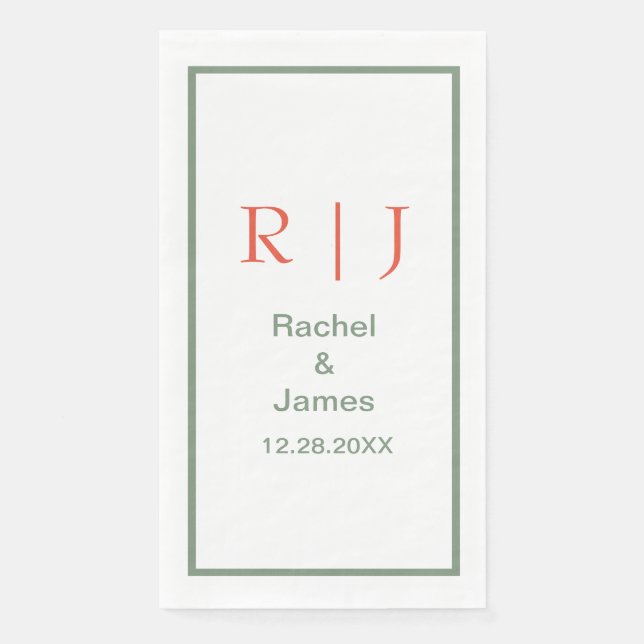 Sage Green Orange Monogram Name Simple Wedding Serviette (Vorderseite)