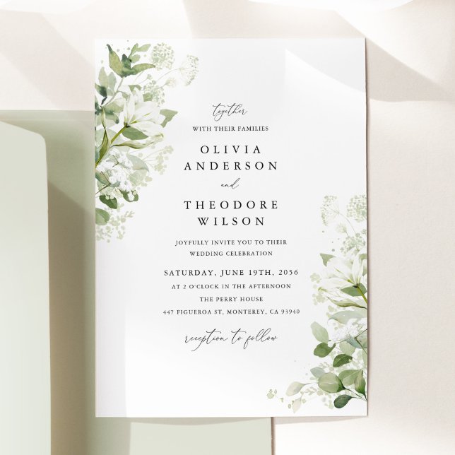 Sage Green Organic Greenery Watercolor Wedding Einladung (Sage green organic greenery wedding invitation, watercolor wild florals, elegant modern classic)