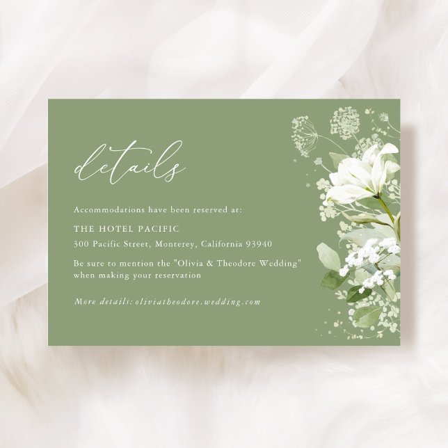 Sage Green Organic Greenery Wedding Details Hotel Begleitkarte (Sage green organic greenery wedding details accommodation enclosure card with watercolor florals)