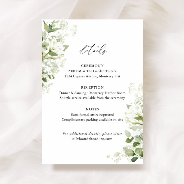 Sage Green Organic Greenery Wedding Details, Info Begleitkarte (Sage green organic greenery wedding details card with watercolor florals, botanical info enclosure)