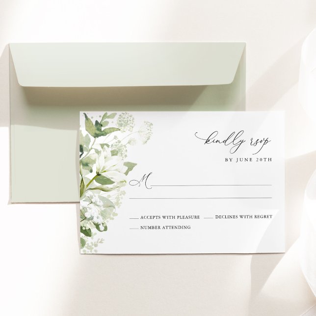 Sage Green Organic Greenery Wedding RSVP Karte (Sage green organic greenery watercolor wedding RSVP card with botanical florals & elegant typography)